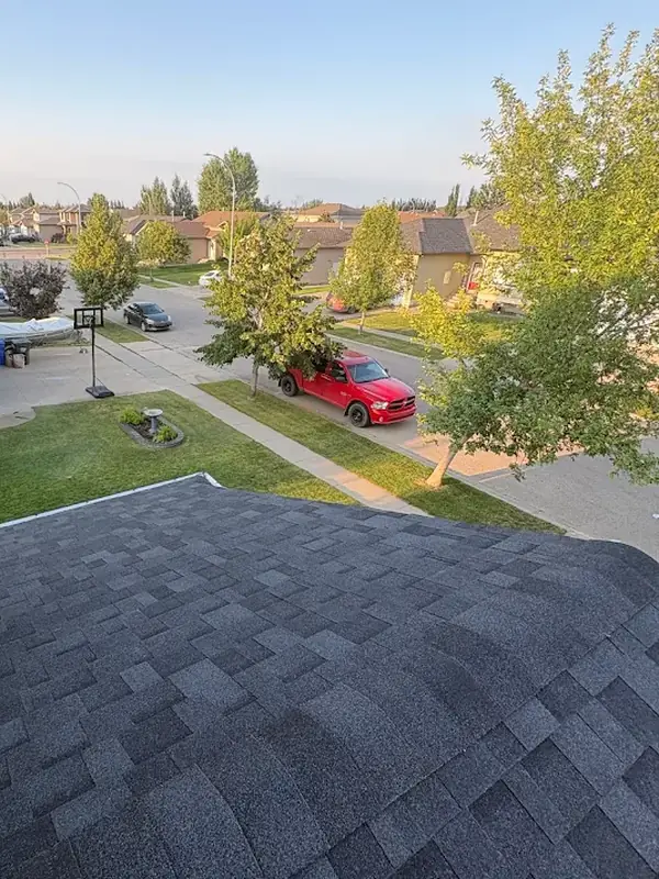Charcoal shingles on a roof above a front yard and a quiet residential street