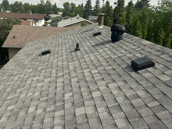 A grey shingle roof with box vents, a plumbing stack and a turbine vent
